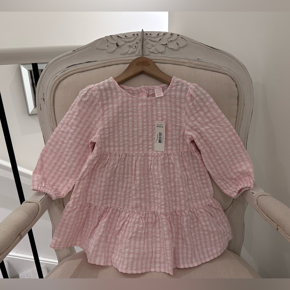 18~24 Mth Pink Gingham Long Sleeve 100% Cotton Tiered Dress NWT